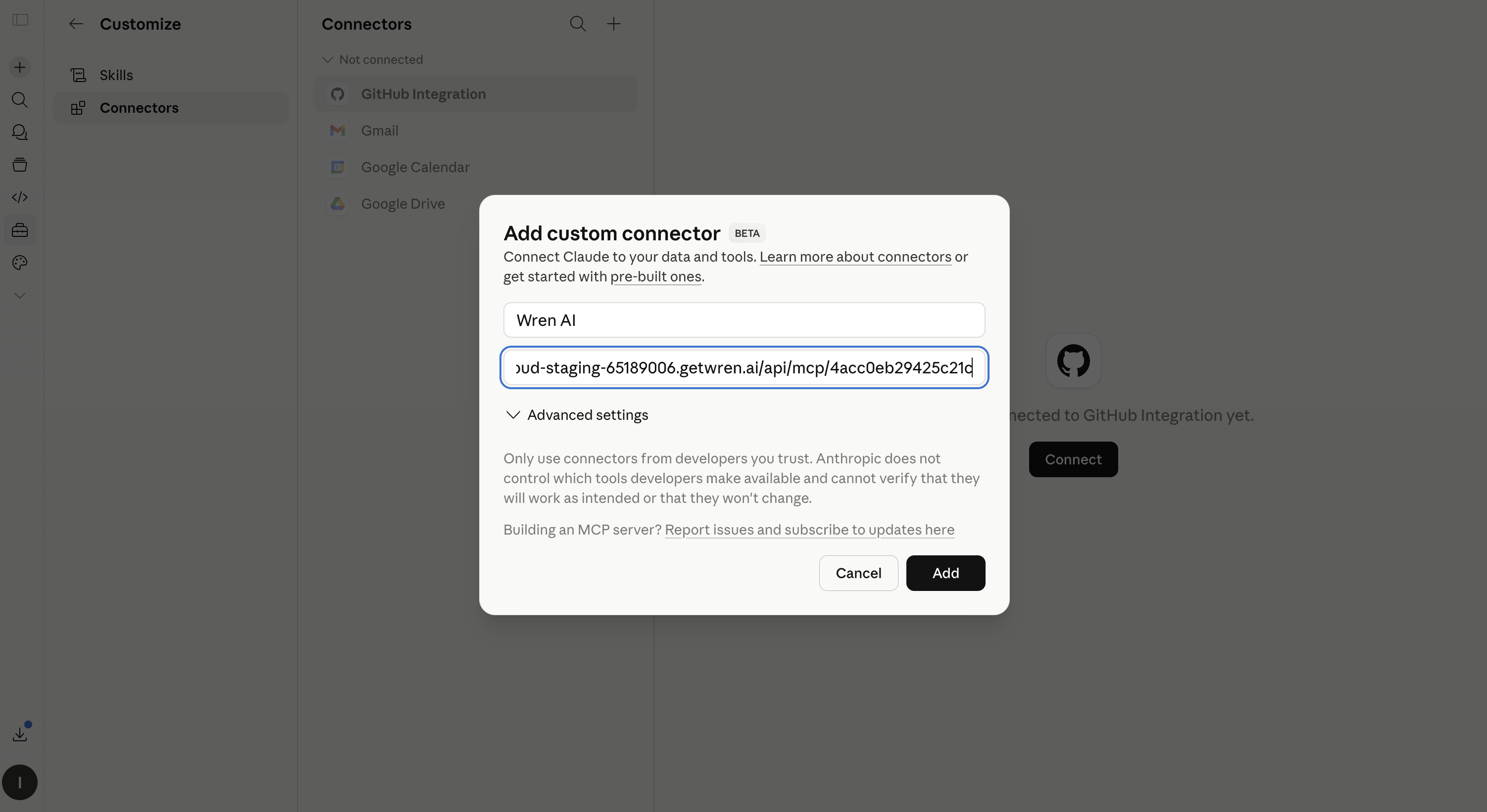 Add custom connector dialog