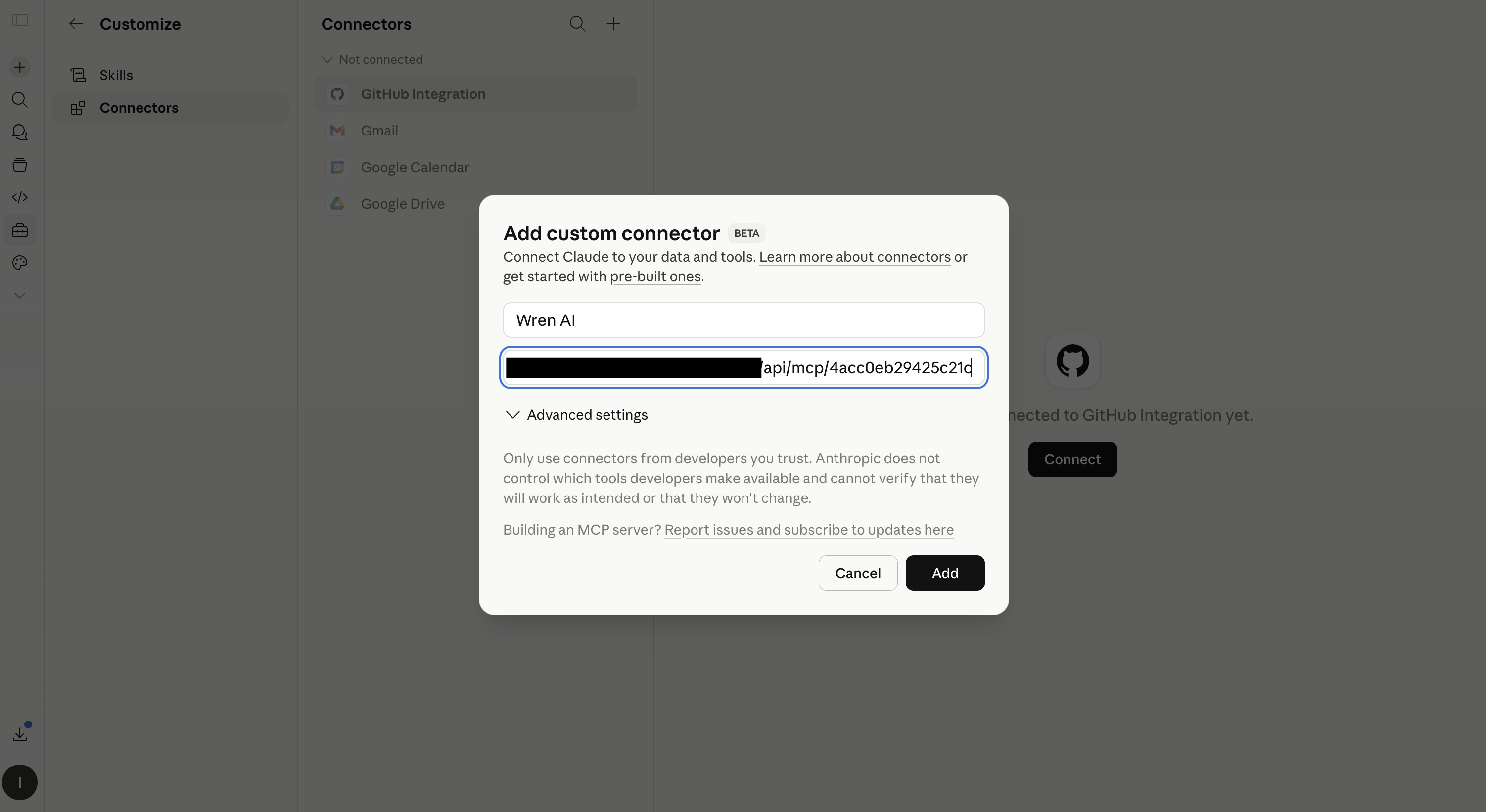 Add custom connector dialog