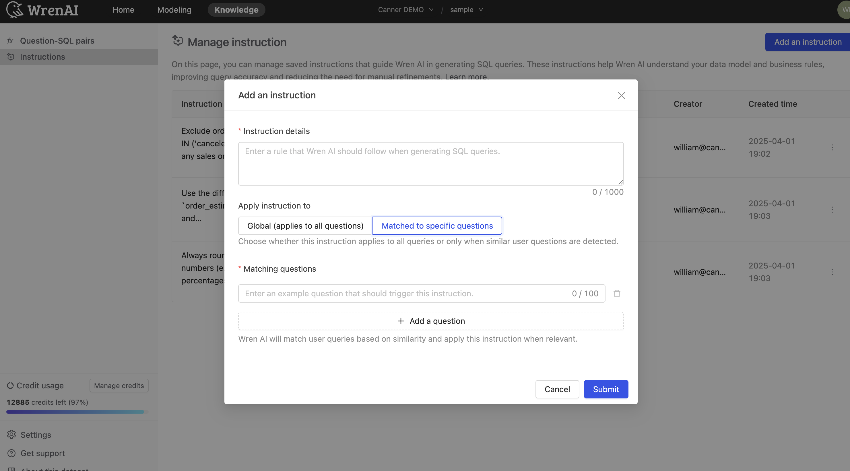 Add Question-Matching Instruction Form