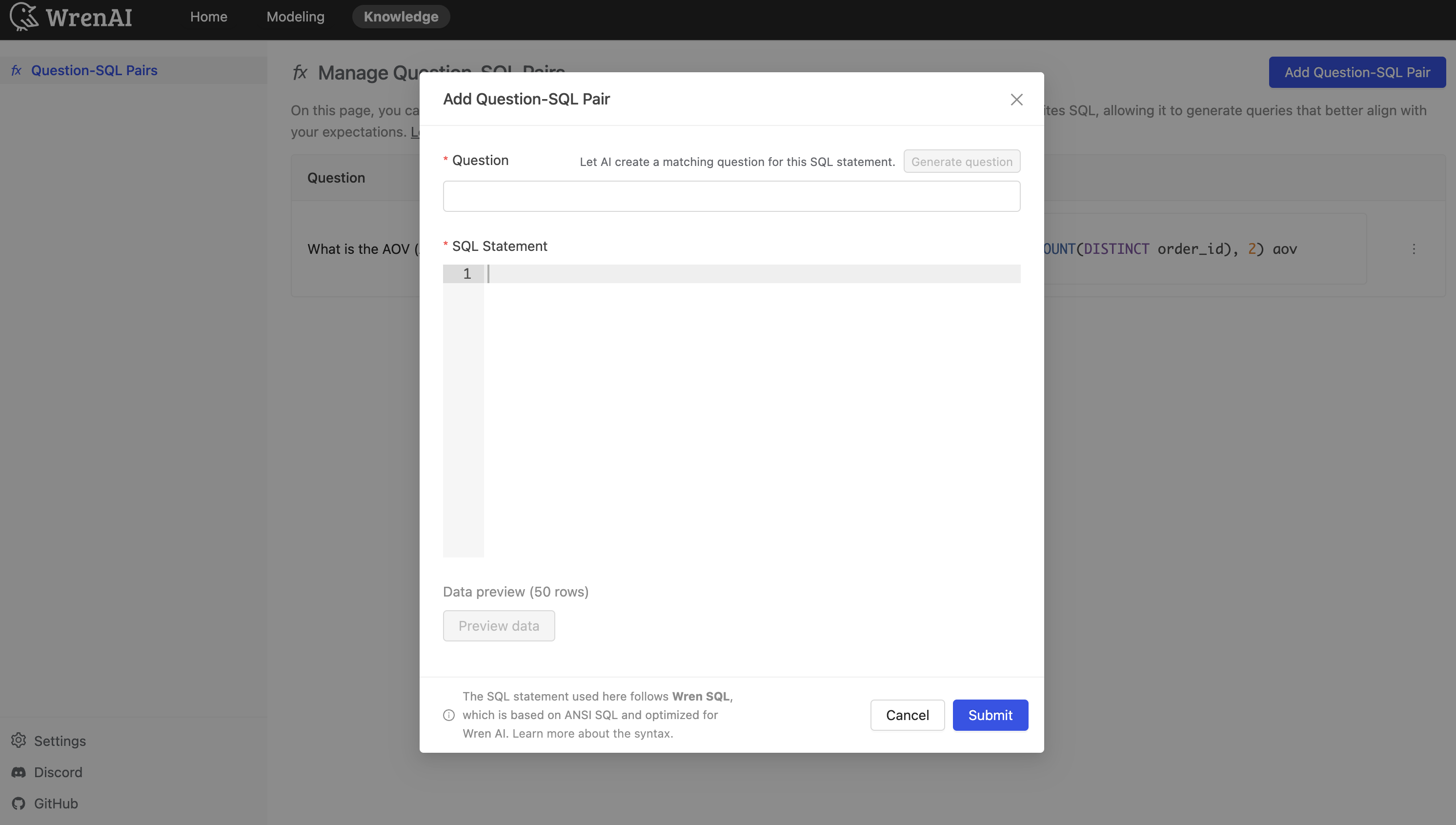 Add Question-SQL Pair Form