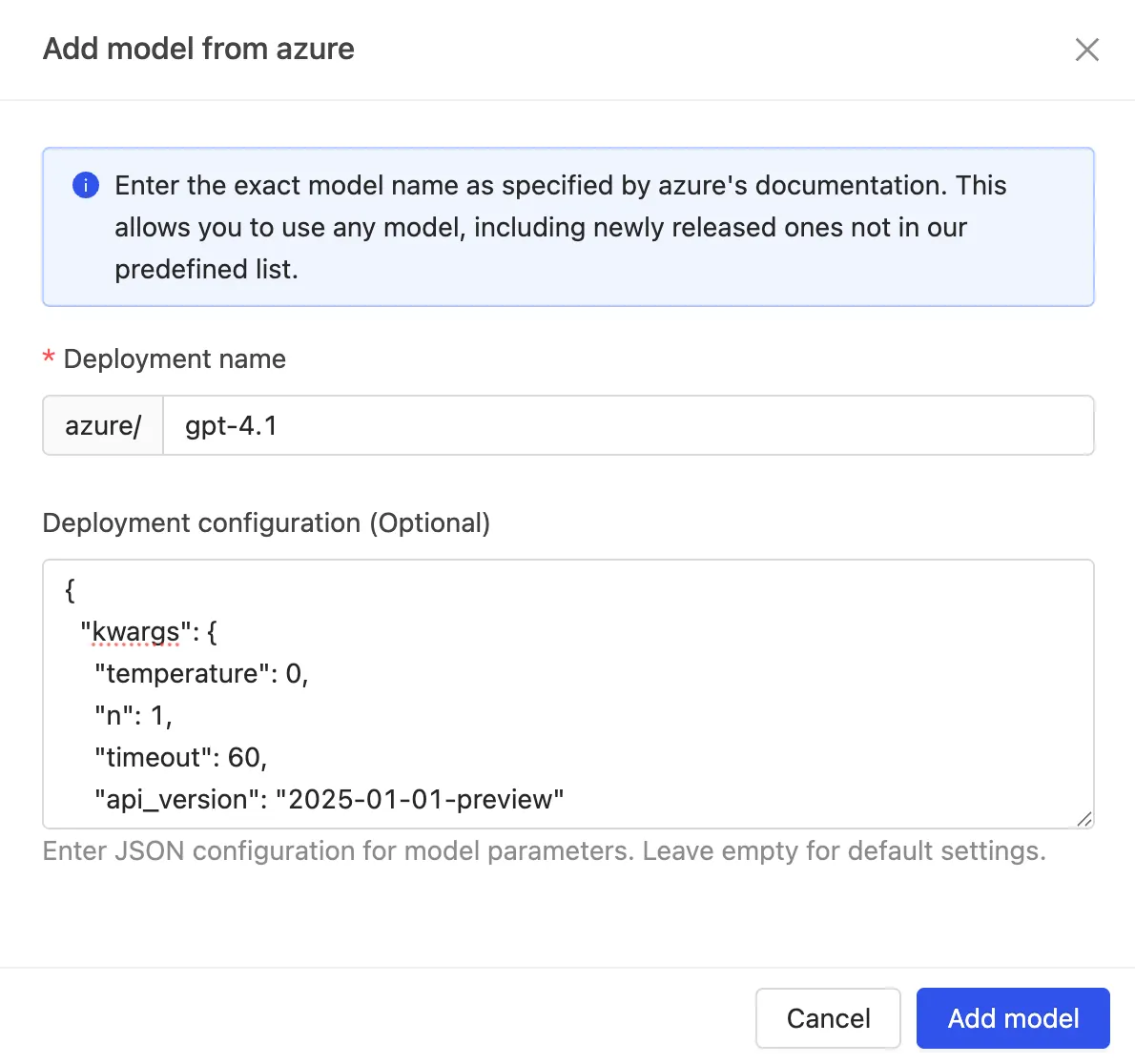 Enter deployment name and model configuration