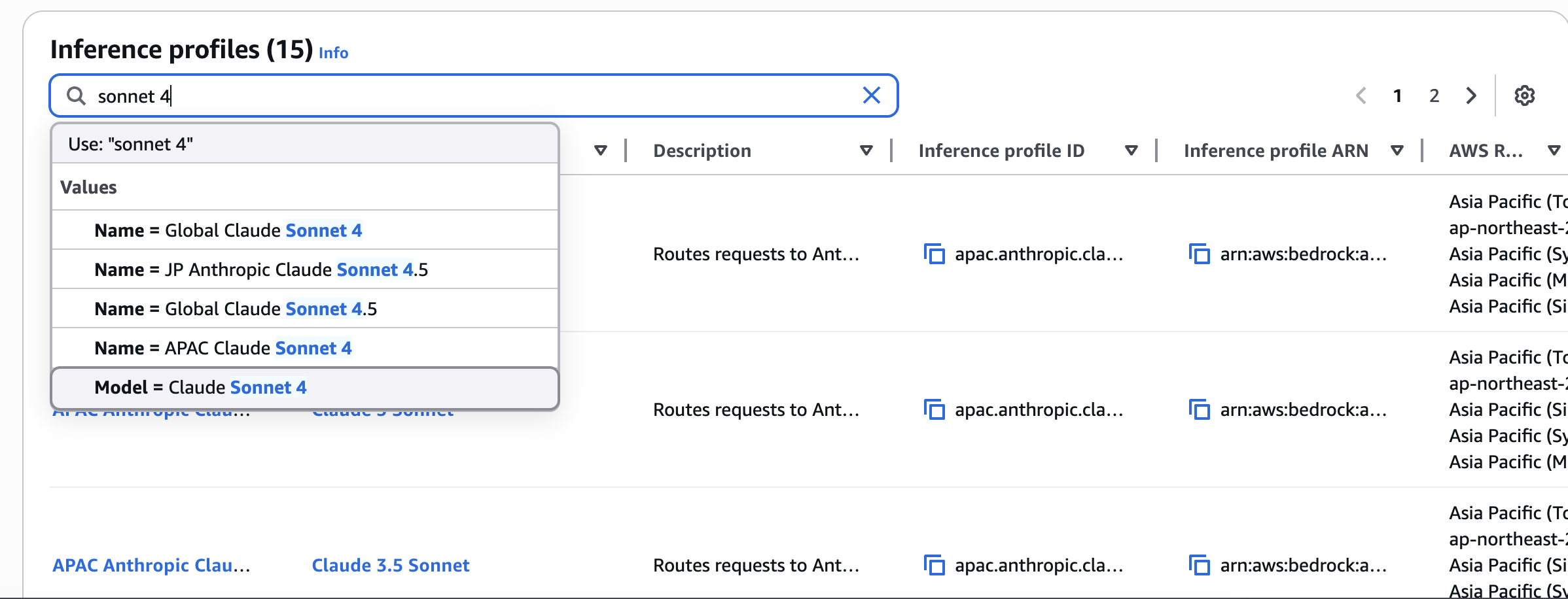 AWS Bedrock search for Sonnet 4