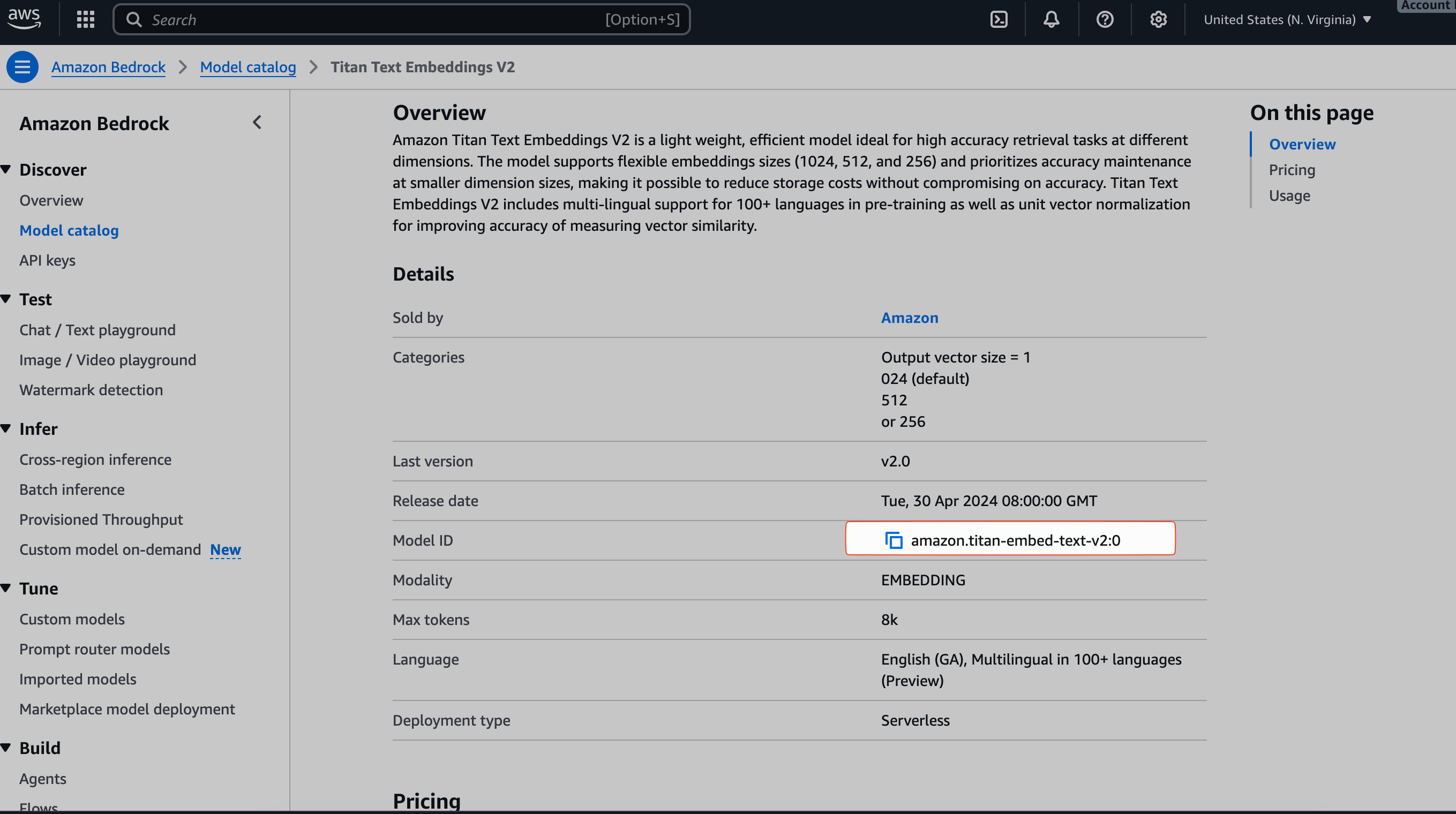AWS Bedrock Titan Text Embedding V2 model ID
