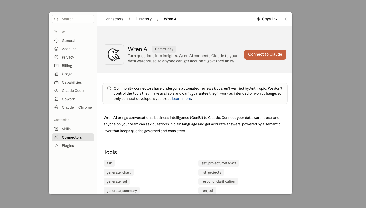 Wren AI connector listing with Connect to Claude