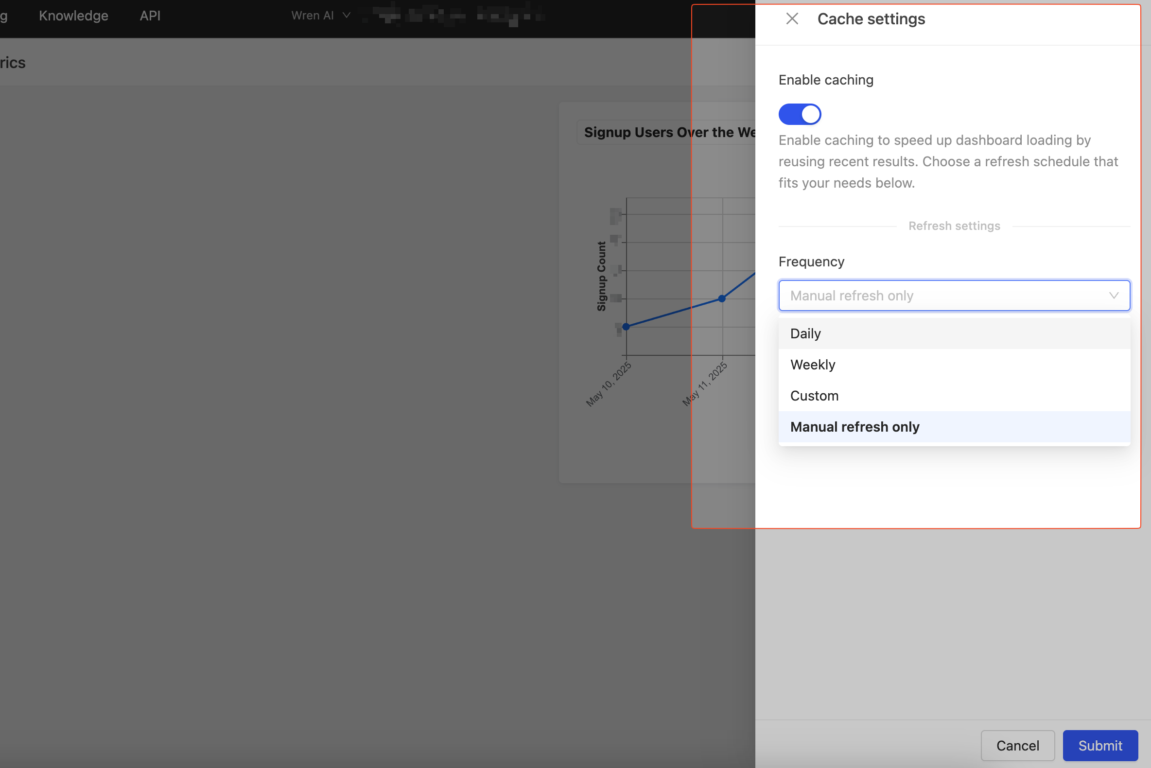 Dashboard Cache Settings