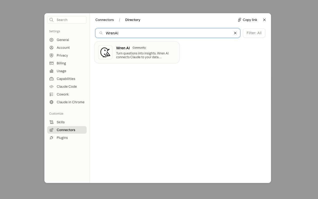 Search for WrenAI in the connector directory