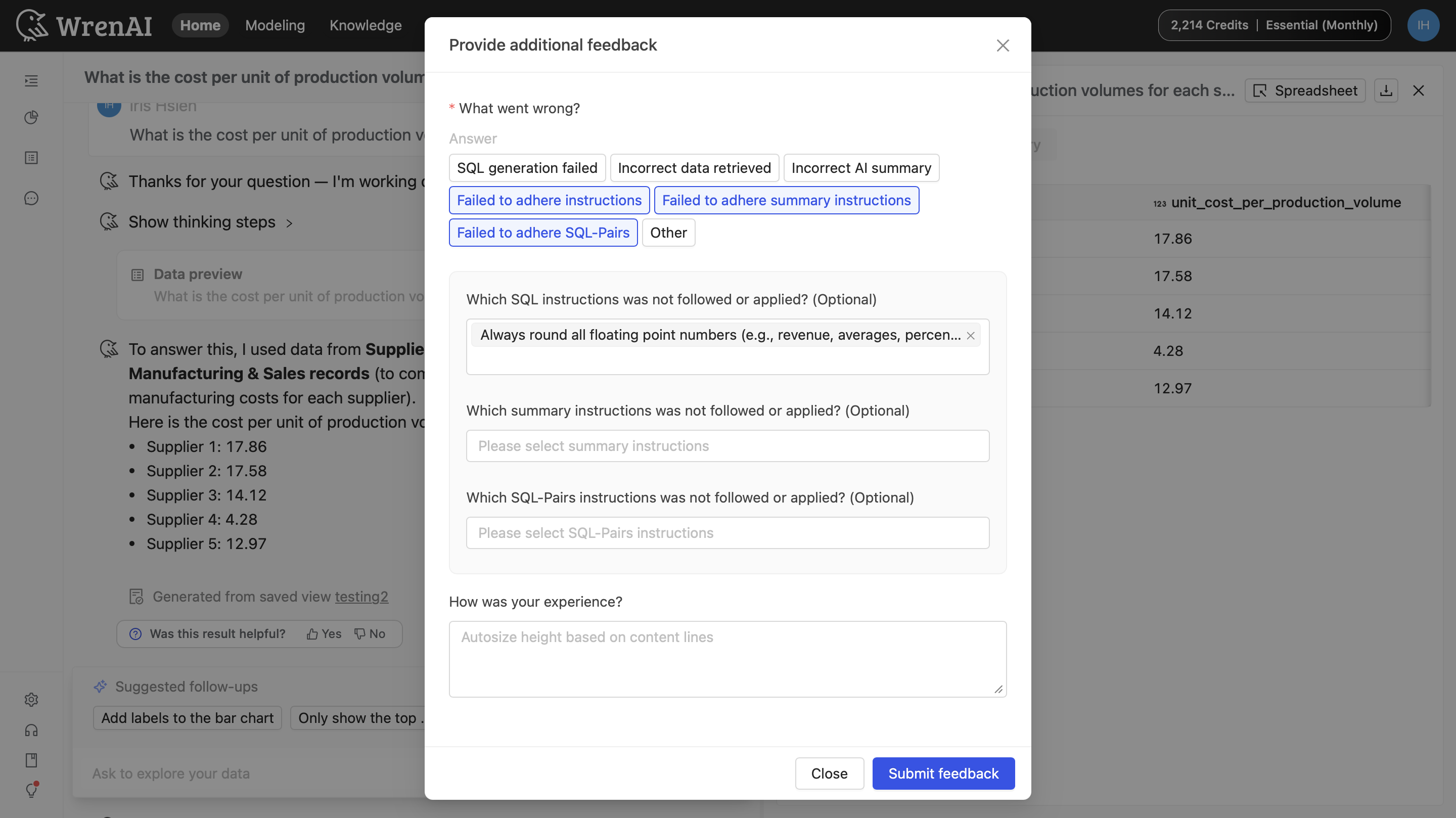 Example of completed feedback fields