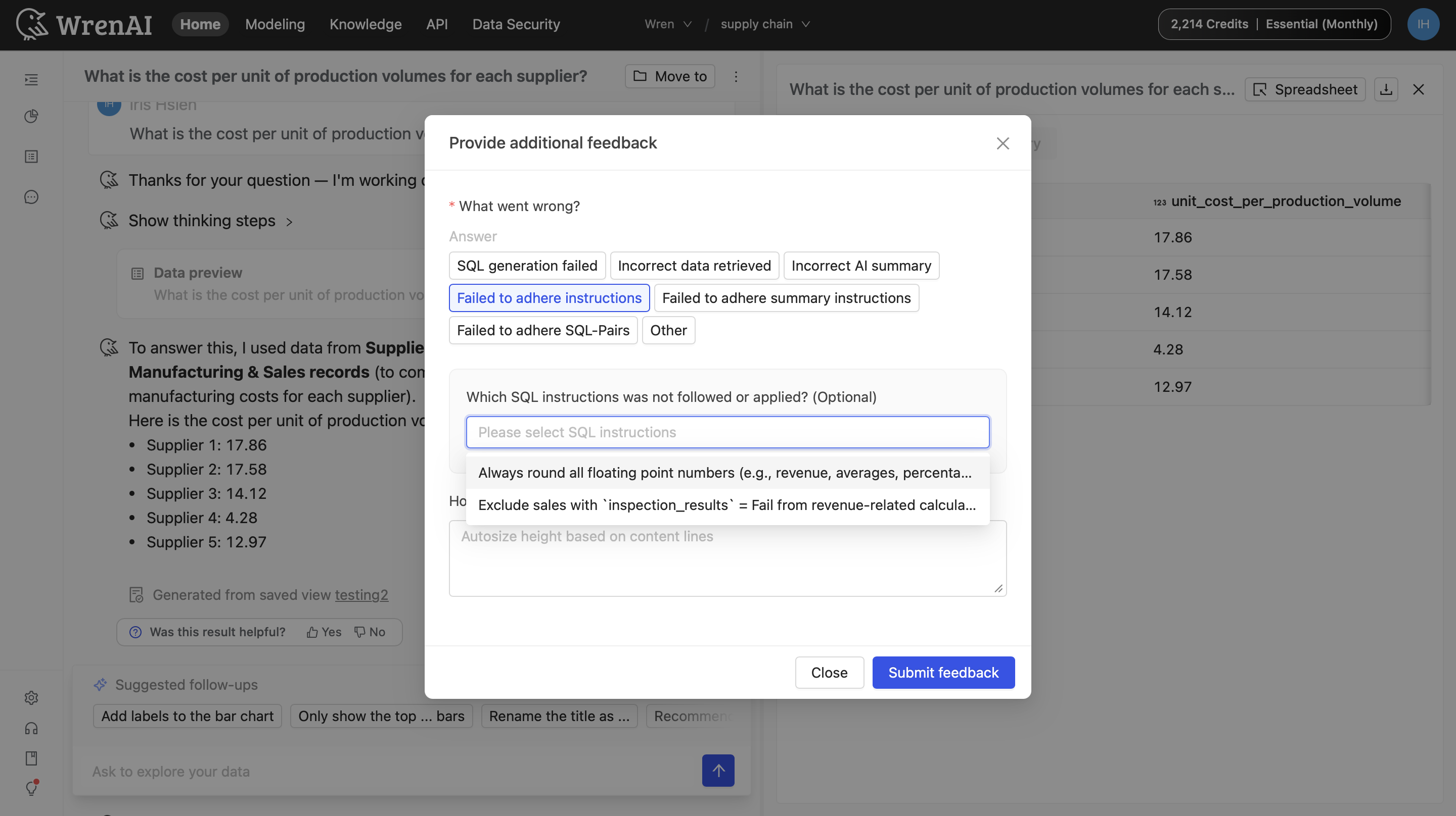 Instruction dropdown in feedback modal