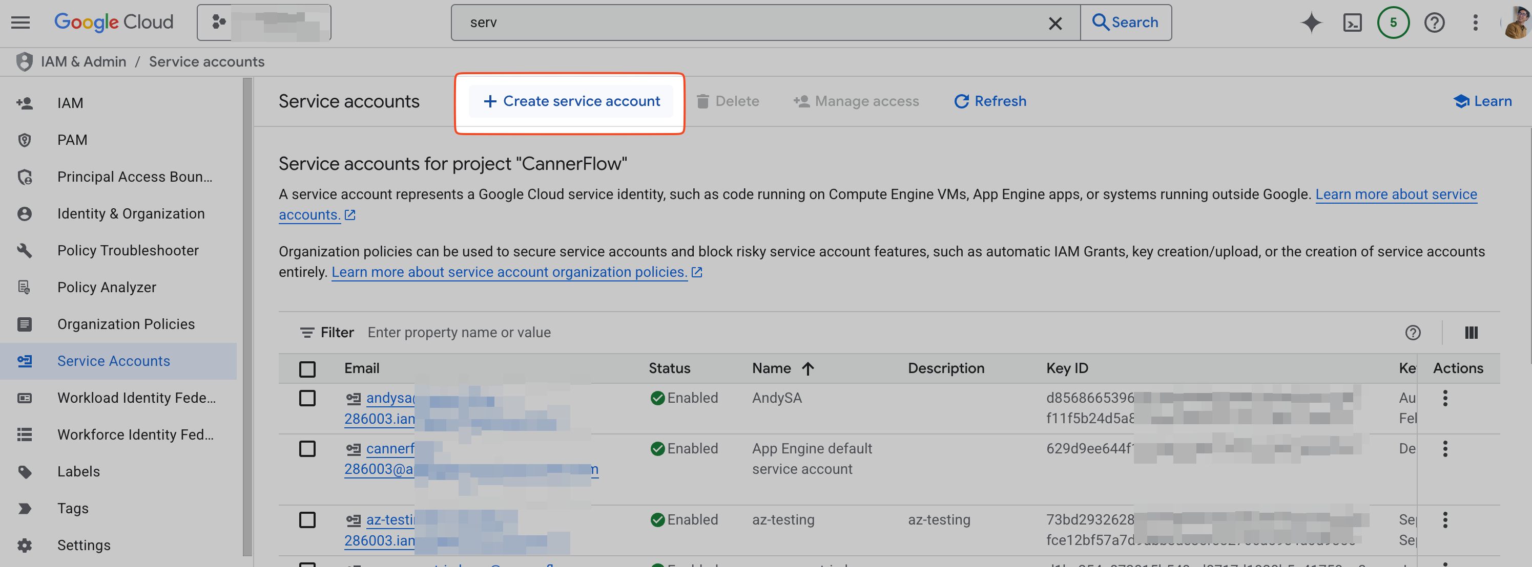 Create service account