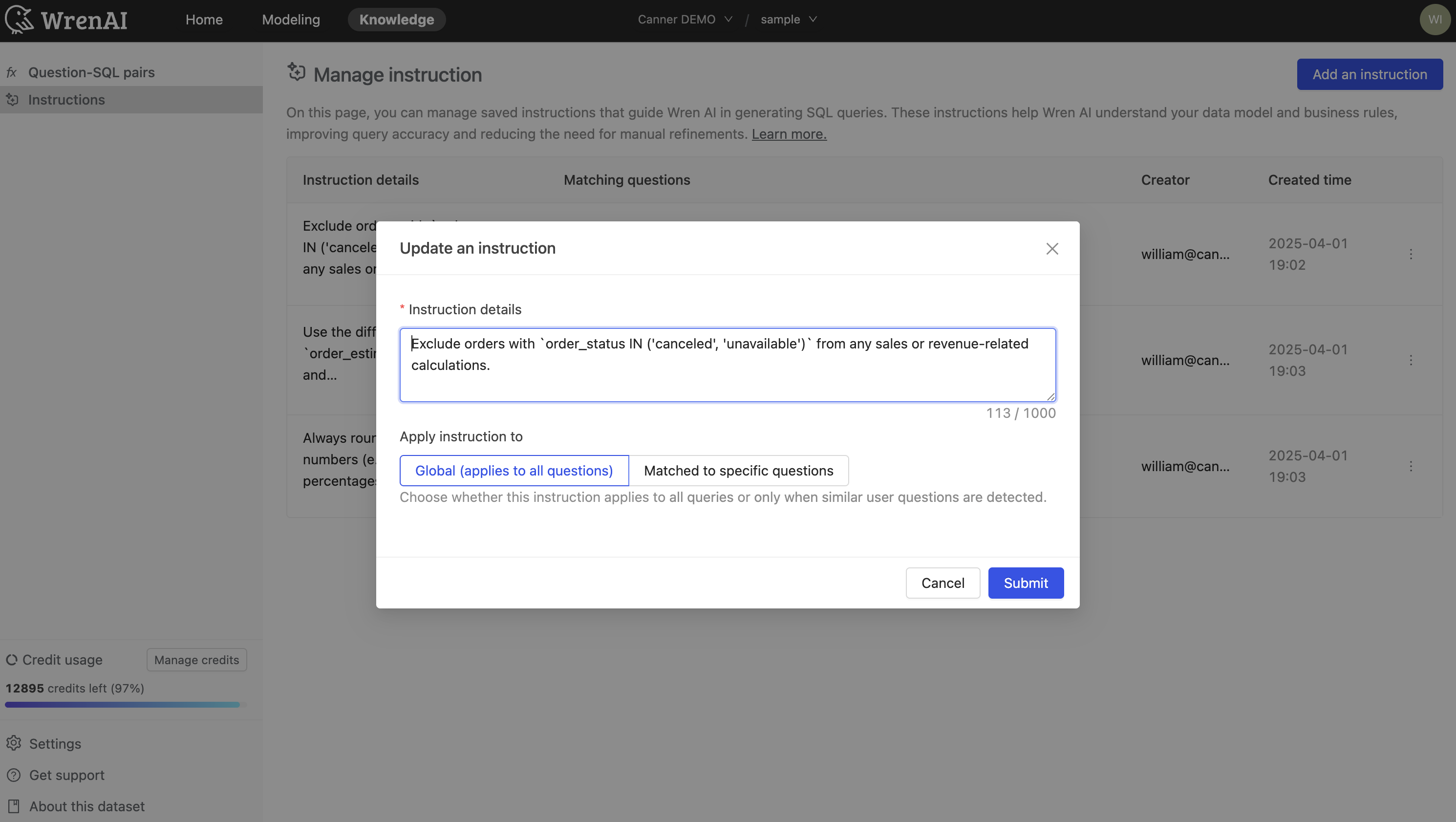 Global Instruction Example Form