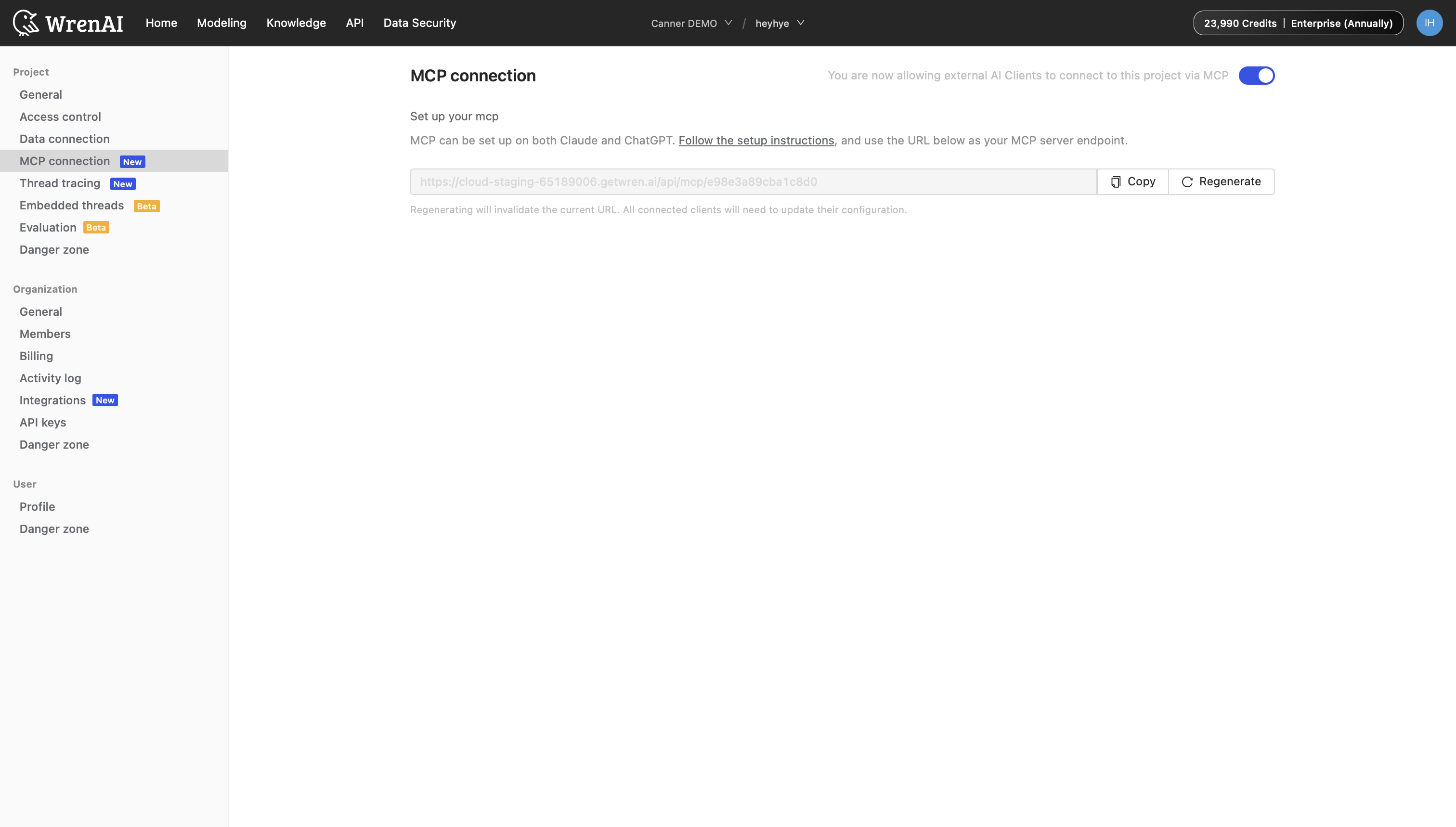 Enable MCP connection toggle