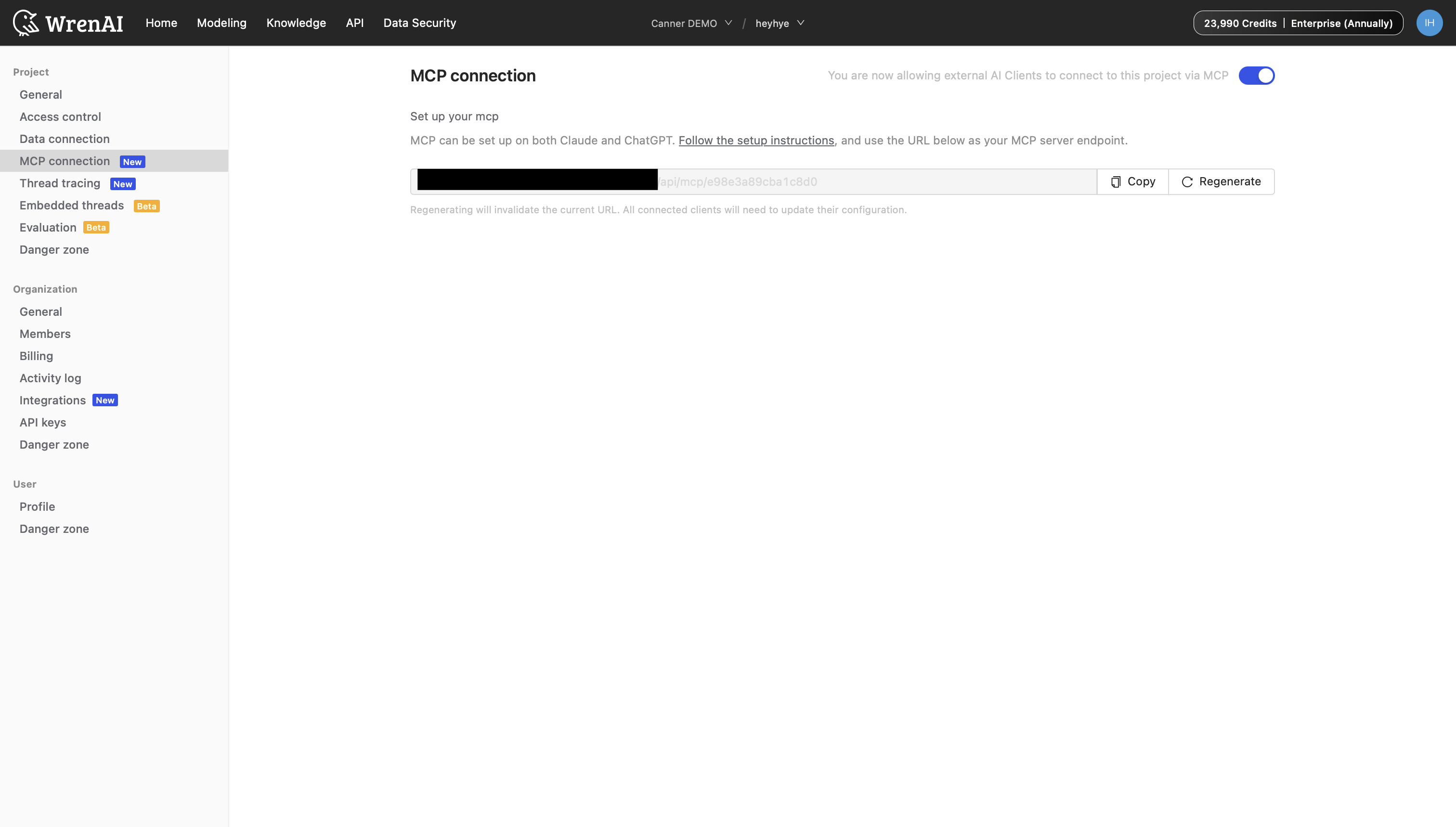 Enable MCP connection toggle