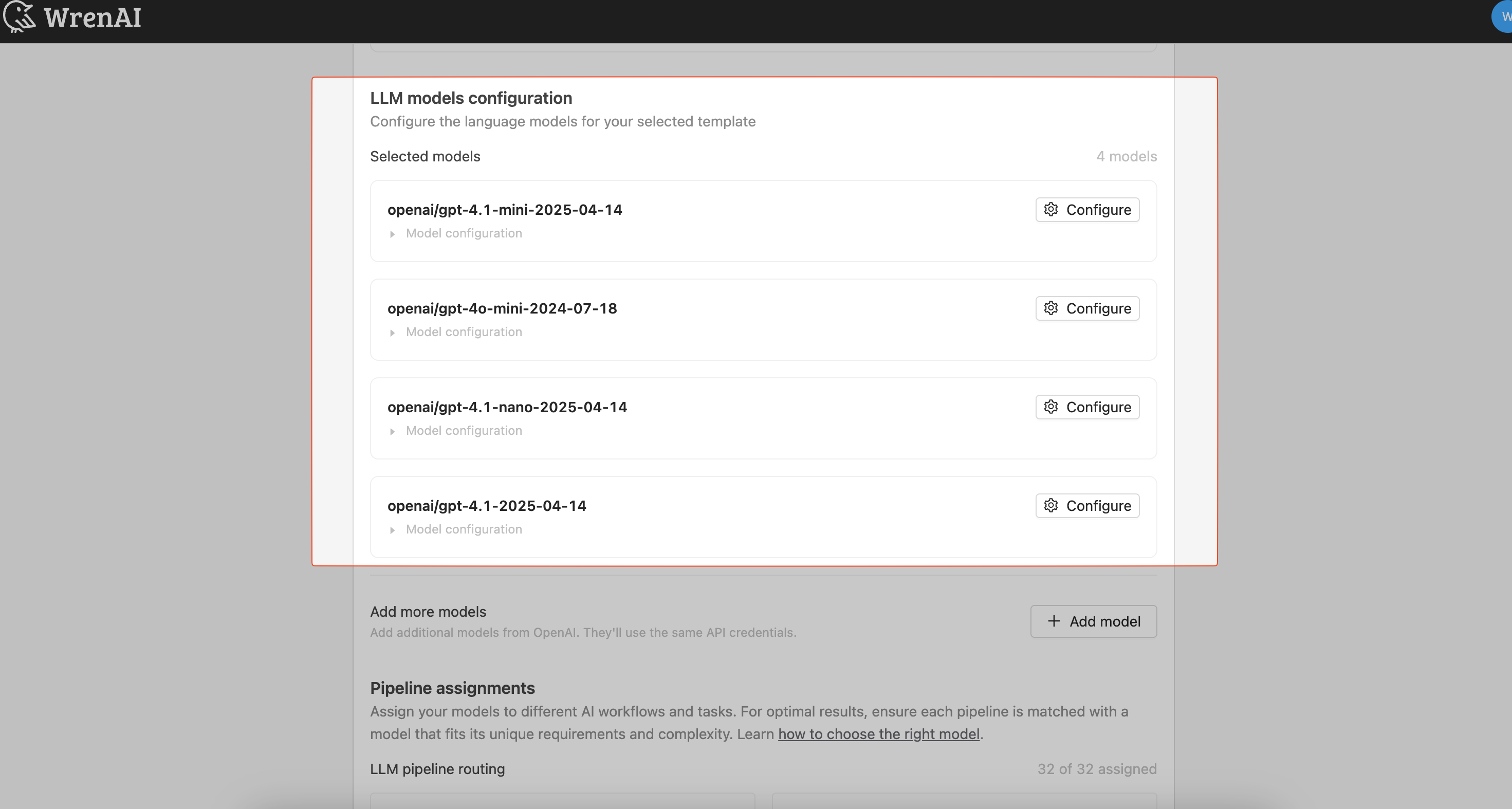 OpenAI model selections