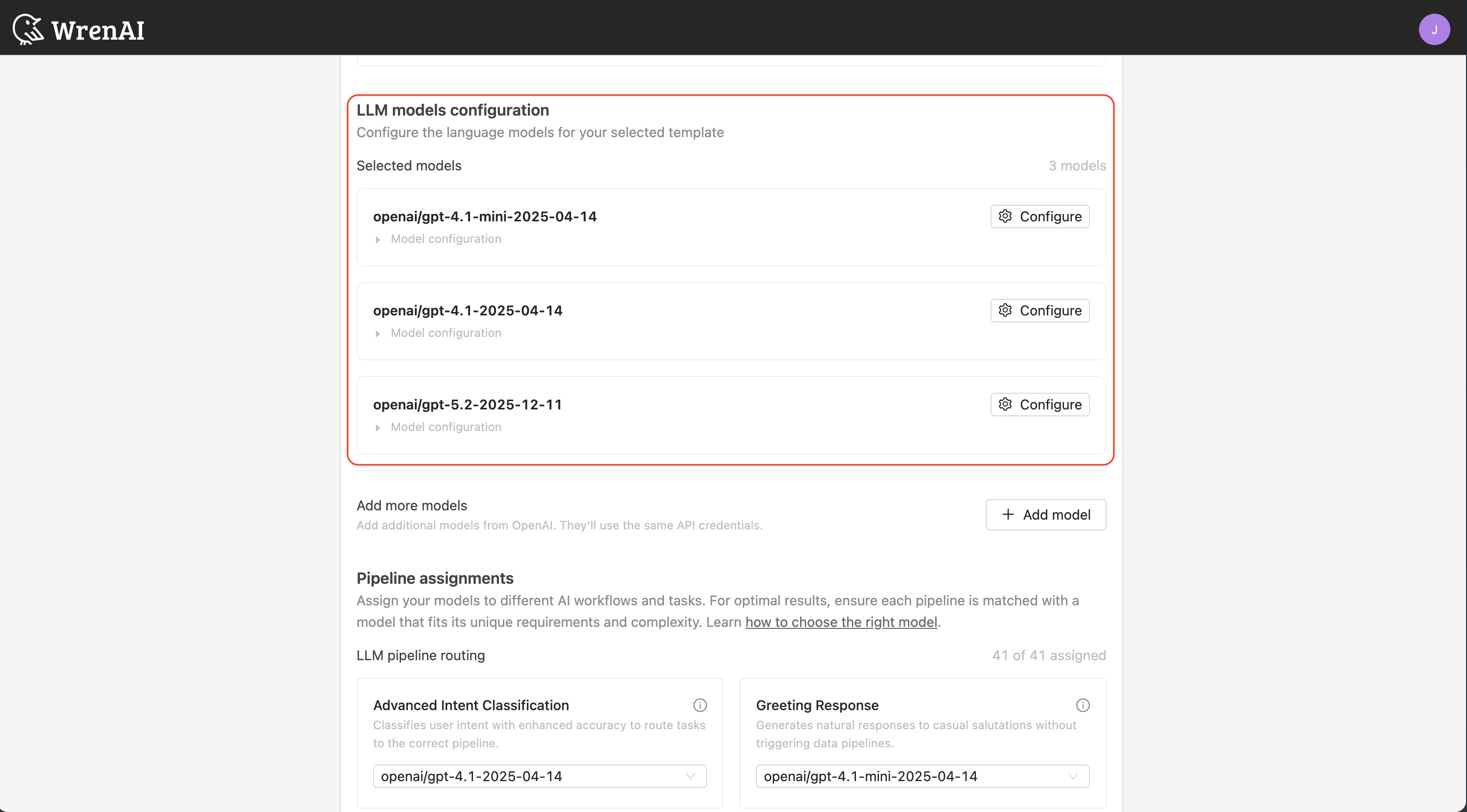 OpenAI model selections