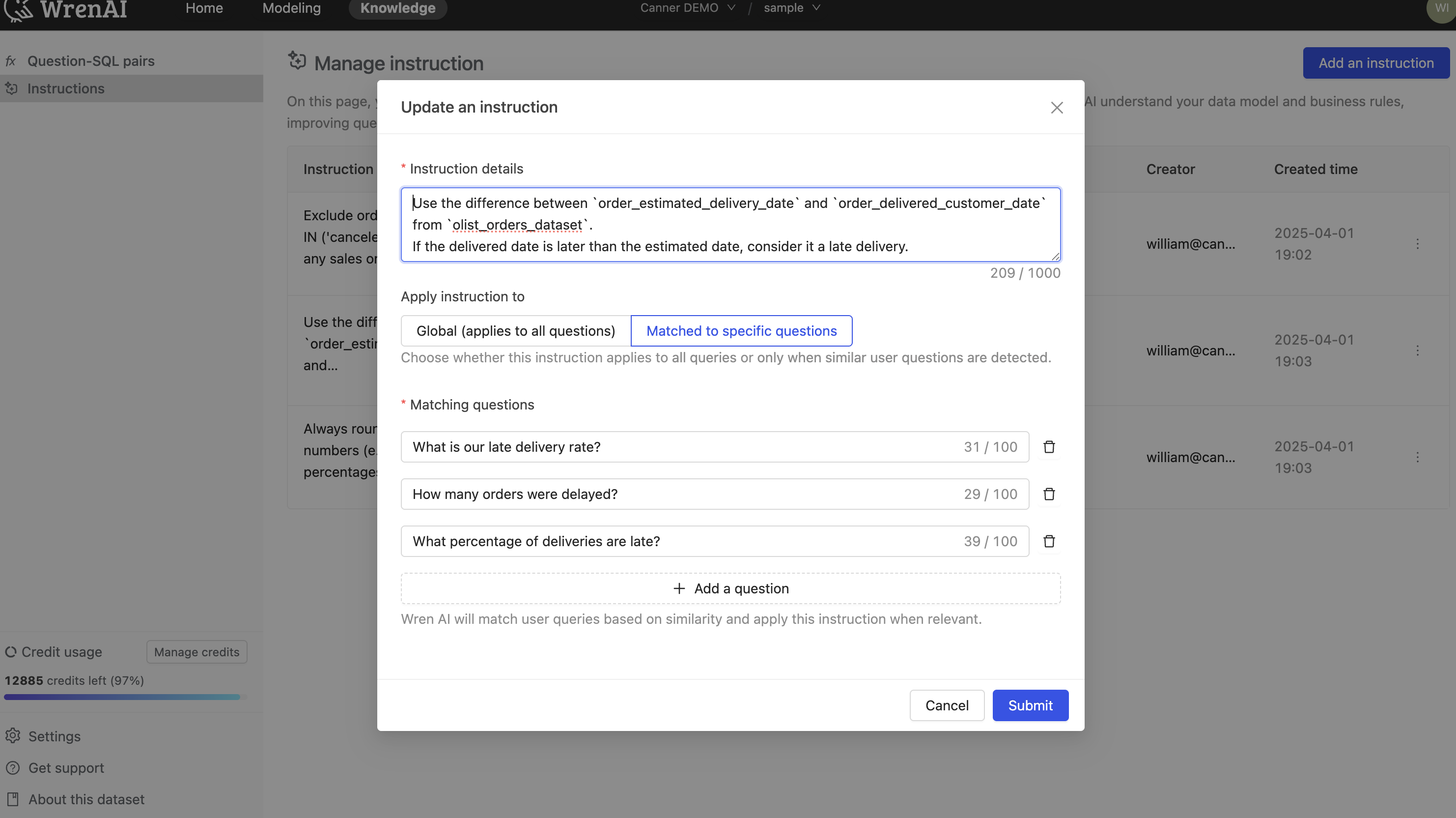 Question-Matching Instruction Example Form