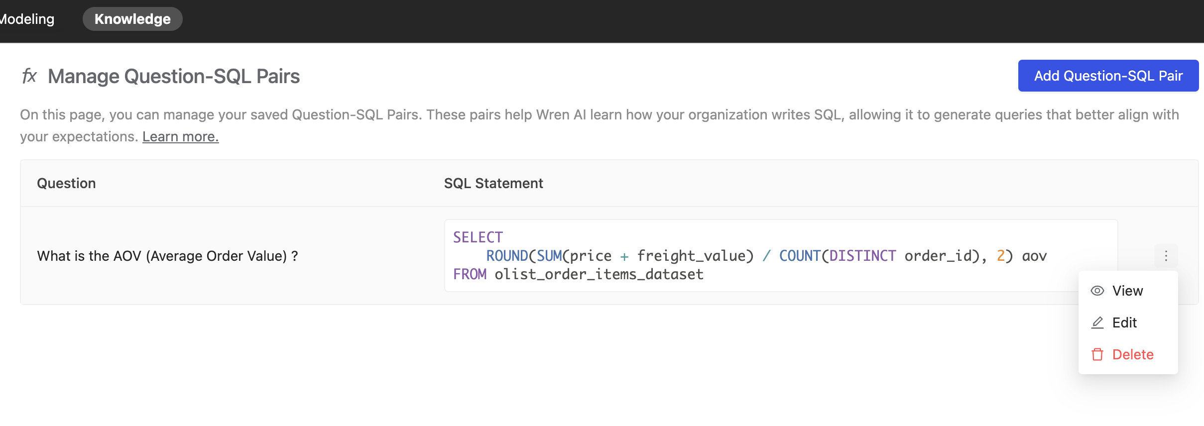 Question-SQL Pairs Management