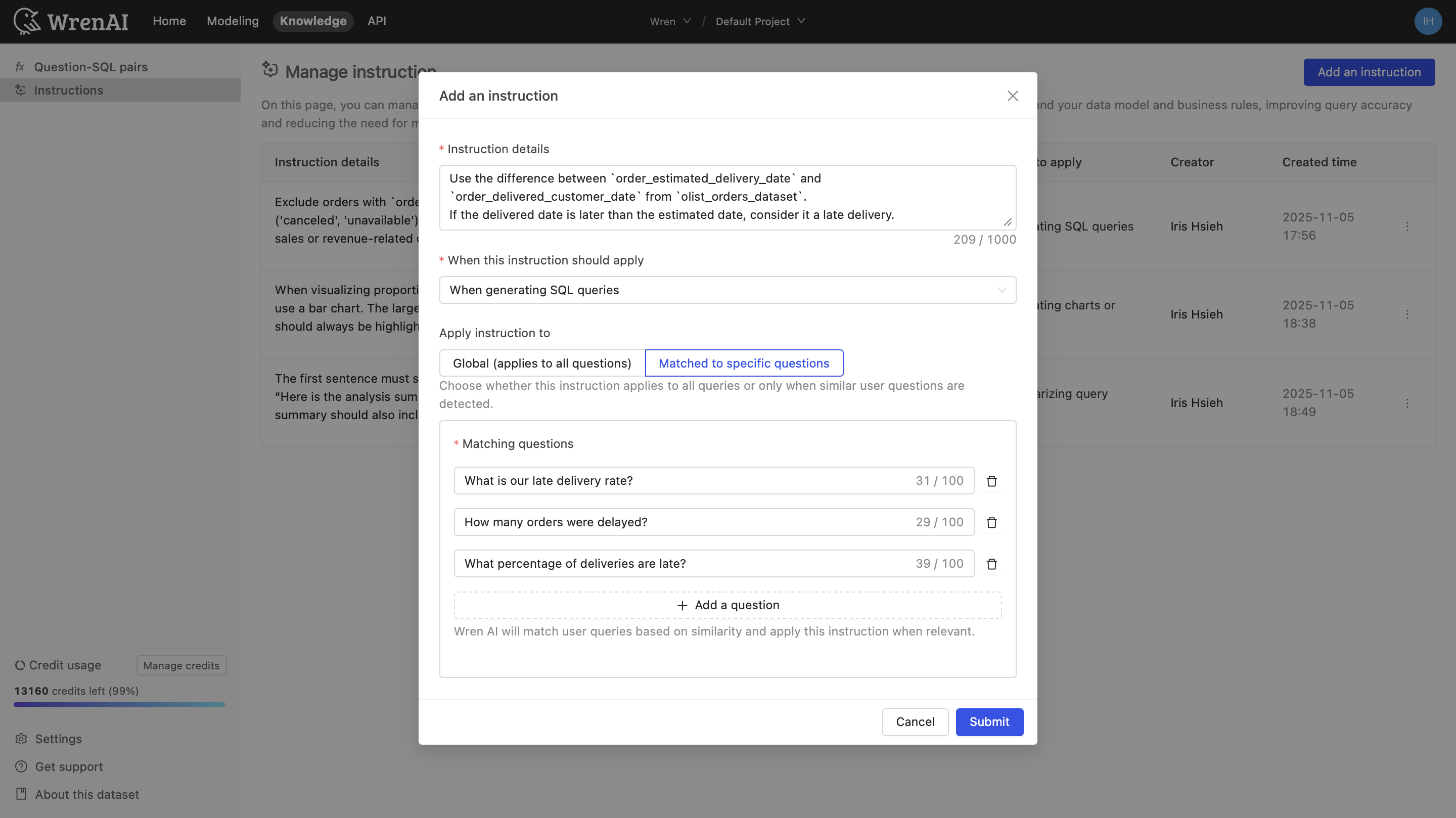 Question-Matching Instruction Example Form