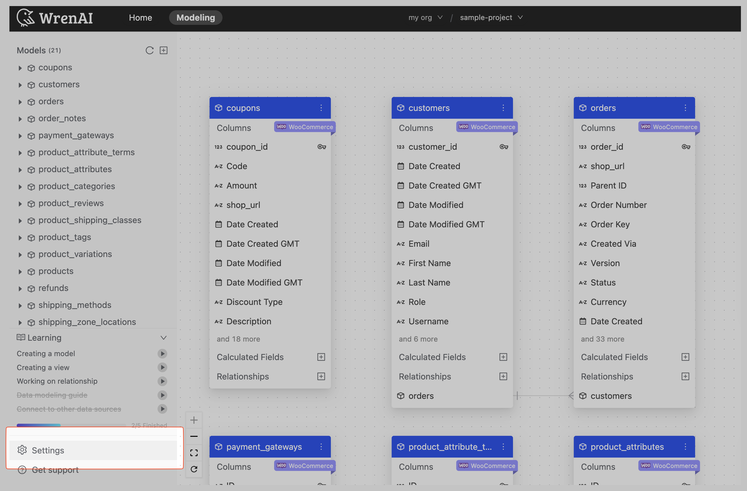 Settings link in Modeling