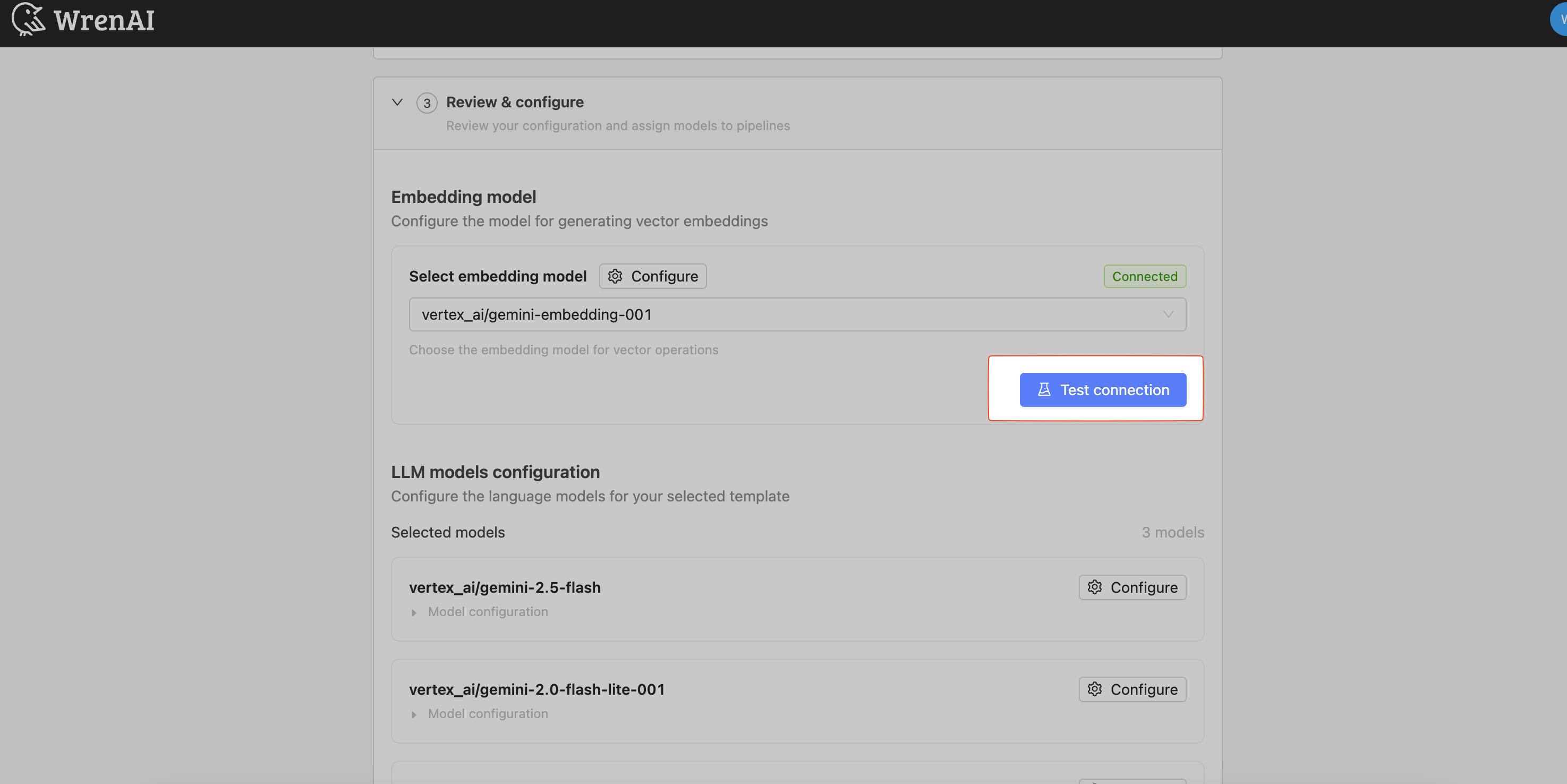 Google Gemini (Vertex AI) test embedding model connection