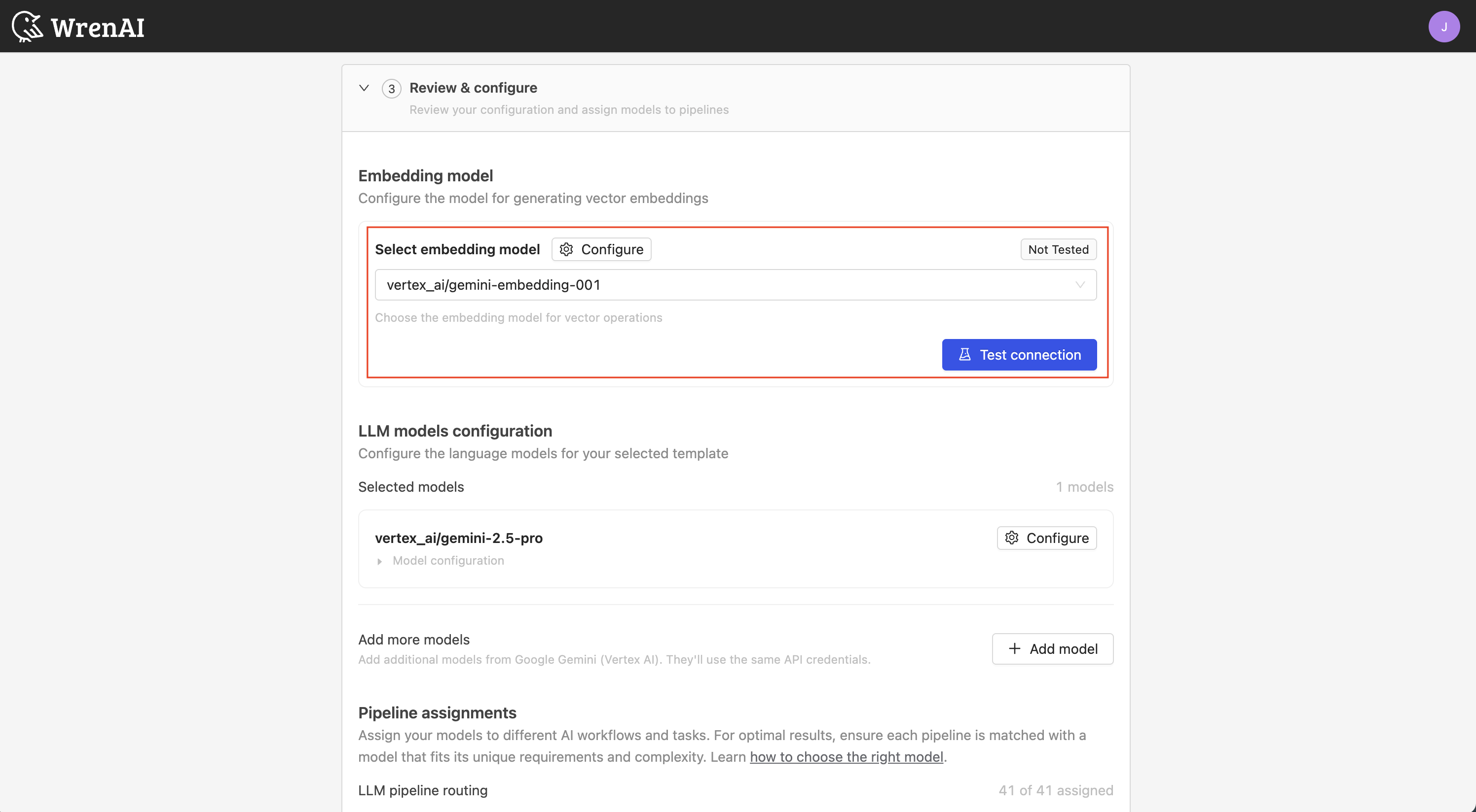 Google Gemini (Vertex AI) test embedding model connection